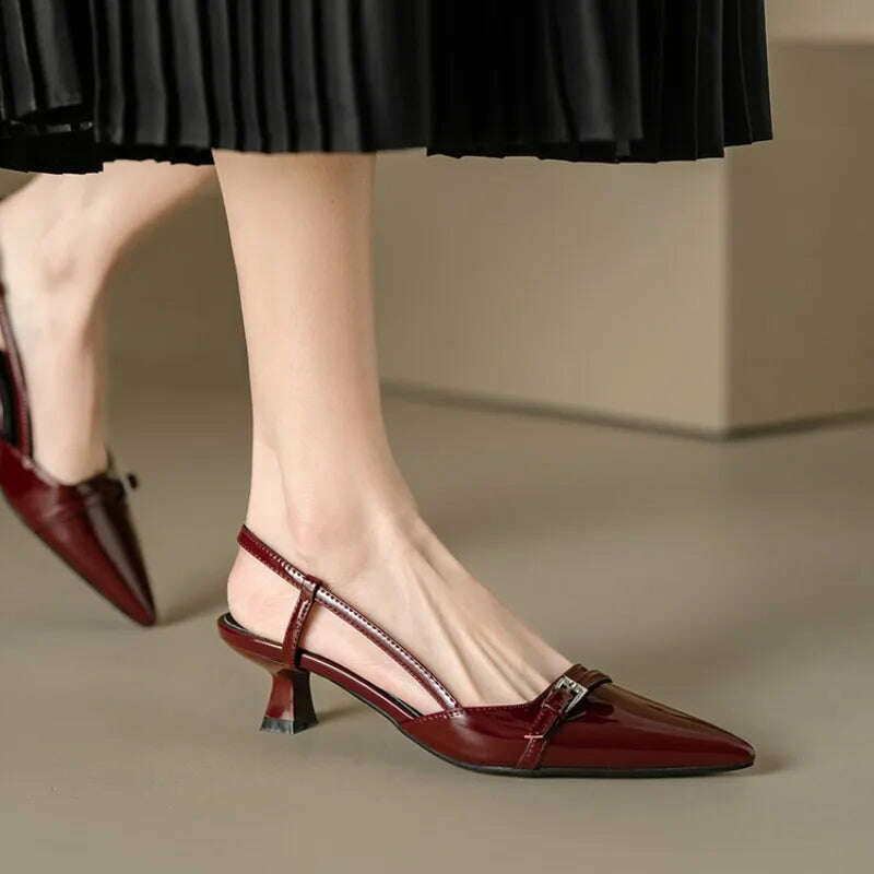 Patent Leather Pointed Toe Slingback Mid-Heel Sandal