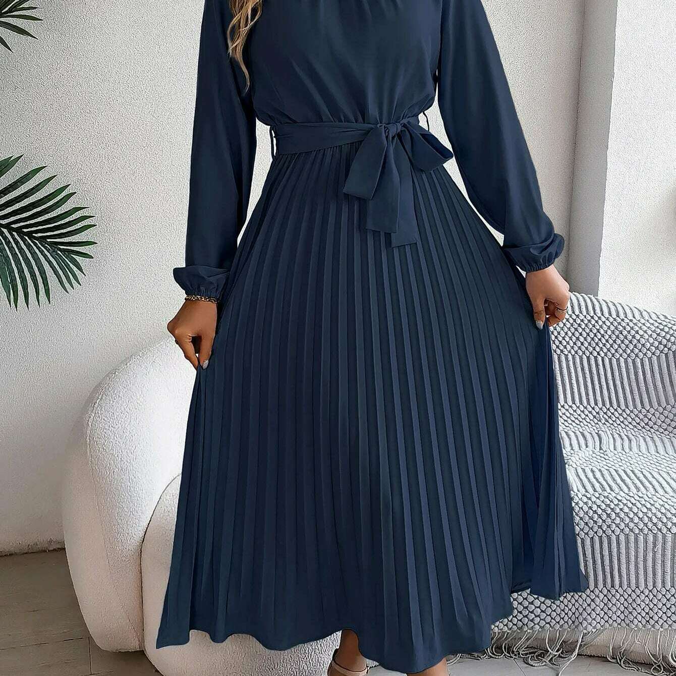 Autumn & Winter Pleated Stand-Up Collar Midi Dress