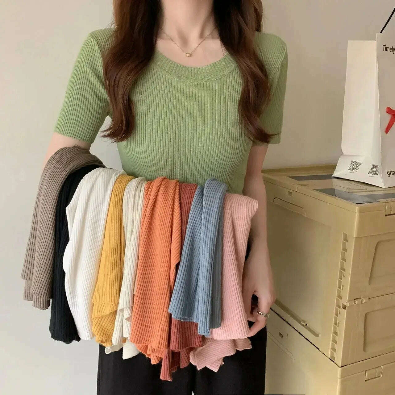 Knit Slim Short Sleeve T-Shirt: White/Green Crop Top - D&M Boutique