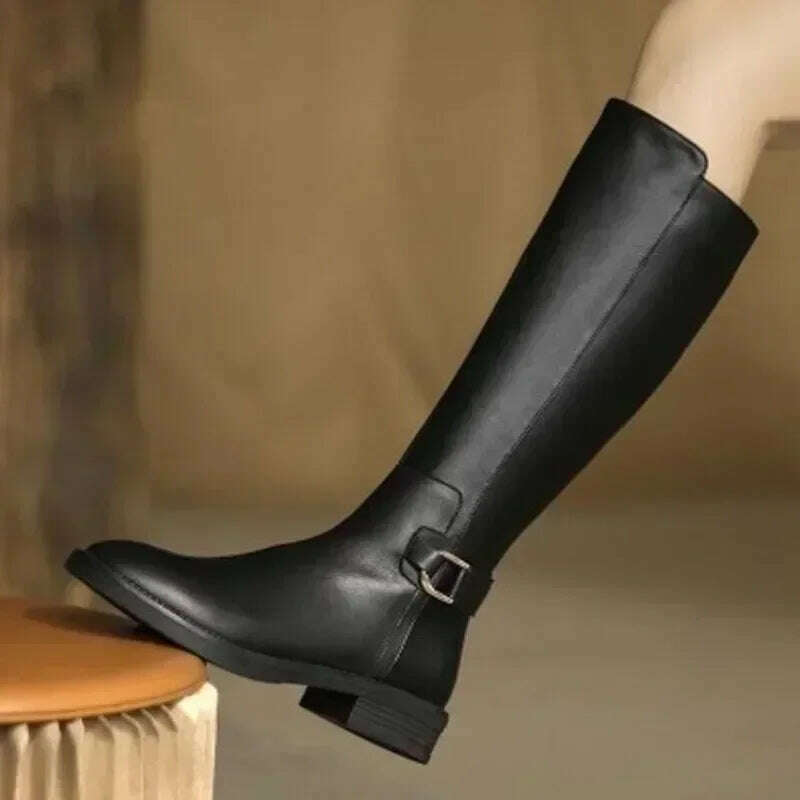 2024 maogu Women's Leather Knee High Boots – Low Heel