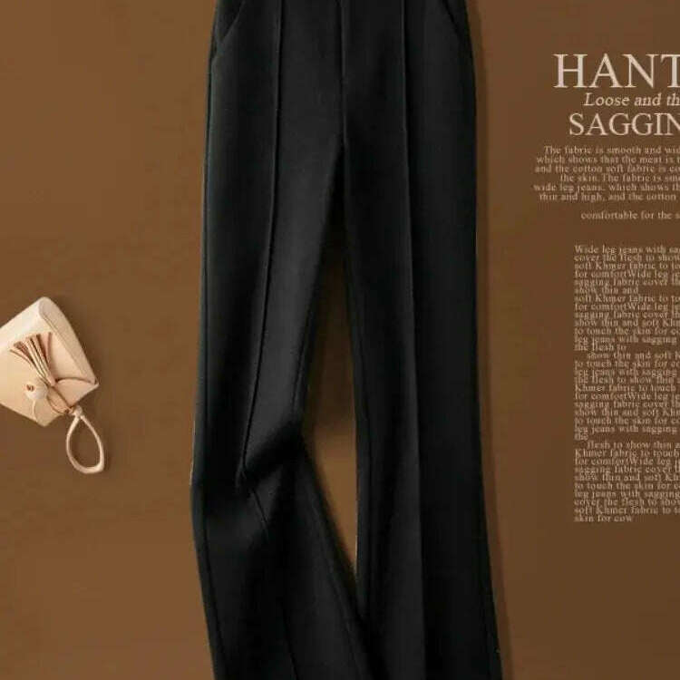 Herringbone Wool Flare Pants – Warm, Elastic Waist, Black - D&M Boutique