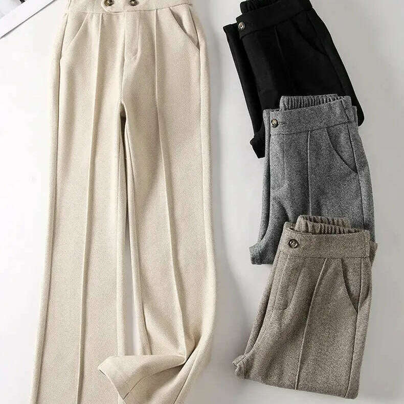 Herringbone Wool Flare Pants – Warm, Elastic Waist, Black - D&M Boutique
