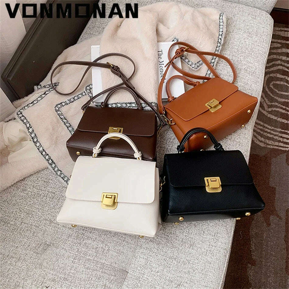 Chic Leather Top-Handle Bag with Gold Lock Closure