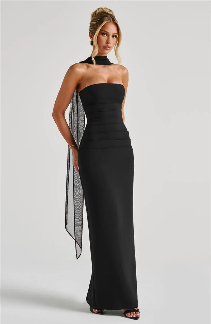 Mozision Scarf Collar Strapless Sexy Maxi Dress For Women Fashion Off-shoulder Backless Bodycon Club Party Long Dress Elegant