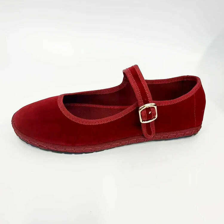 Velvet Mary Jane Flats - Casual, Chic, Red & Timeless