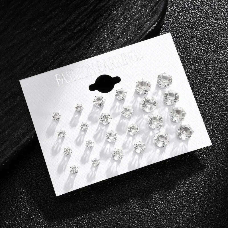 12-Pair White Crystal Wedding Stud Earrings Set