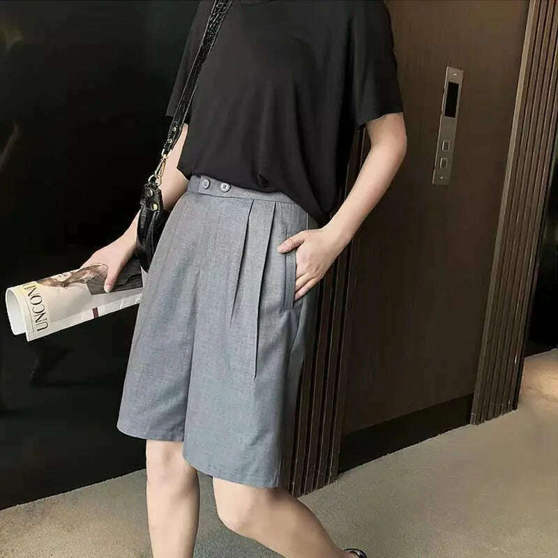 Korean Office Suits Shorts – High Waist, Double-Button, Knee-Length