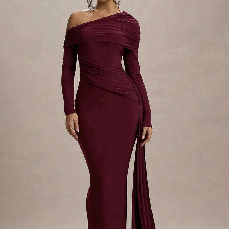 Mozision Skew Collar Long Sleeve Maxi Dress