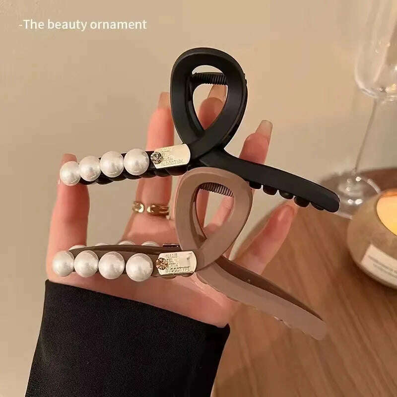 13cm Black Frosted Shark Hair Claw Clip with Pearl Detail