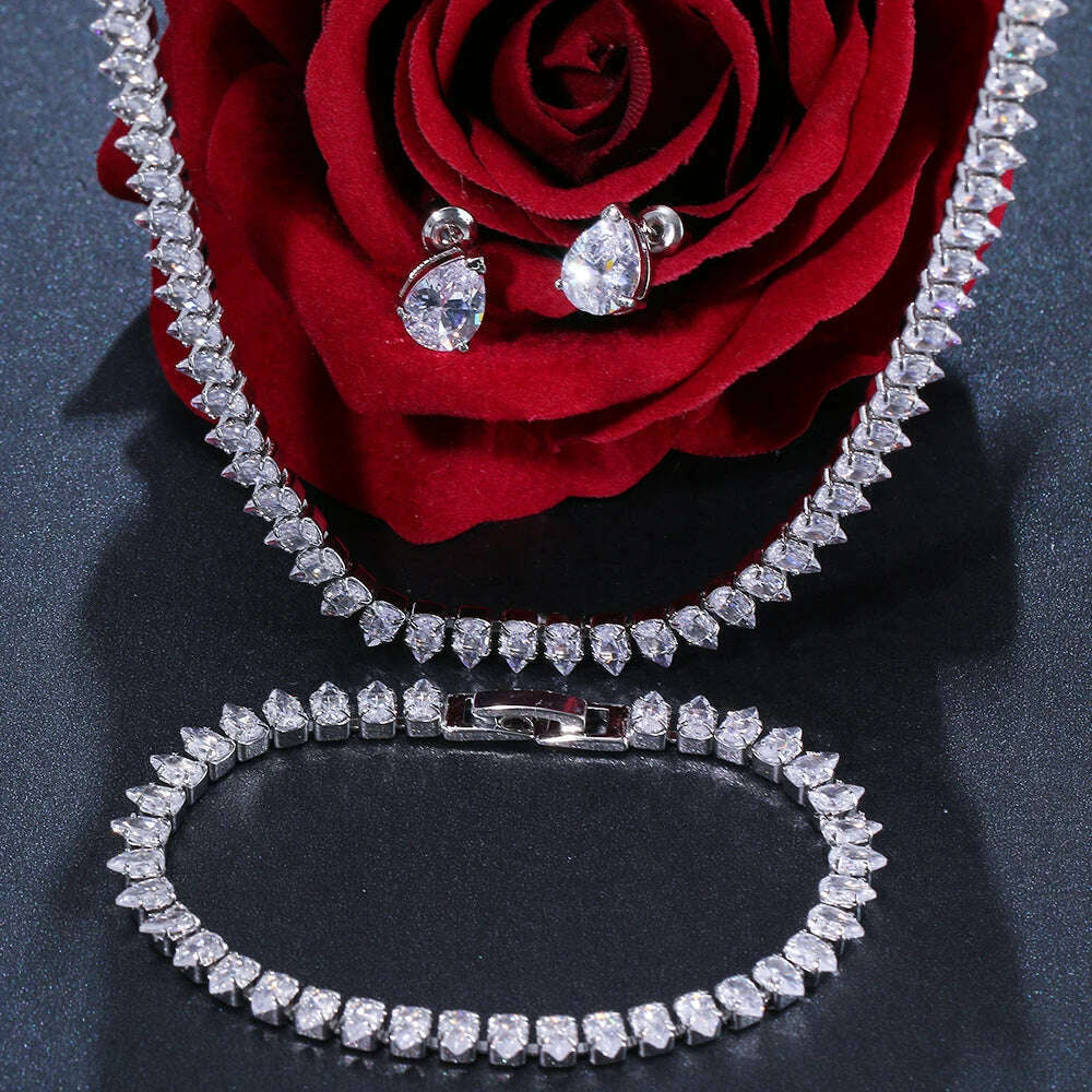 Emmaya Zircons Gorgeous Cubic Zirconia White Gold Color Round Wedding Bridal Necklace Earrings Party Jewelry Set for Brides