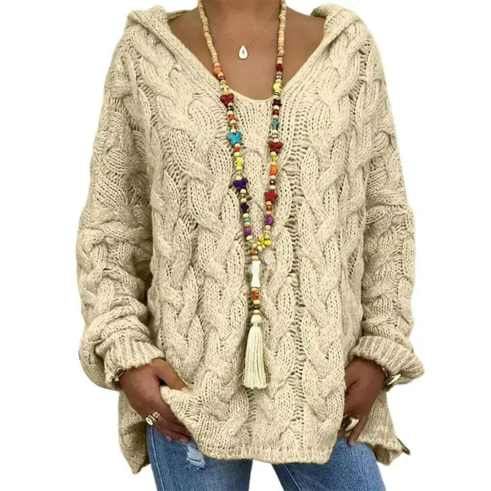 Hooded V-Neck Twist Knitted Hoodie: Autumn/Winter Loose Sweater - D&M Boutique