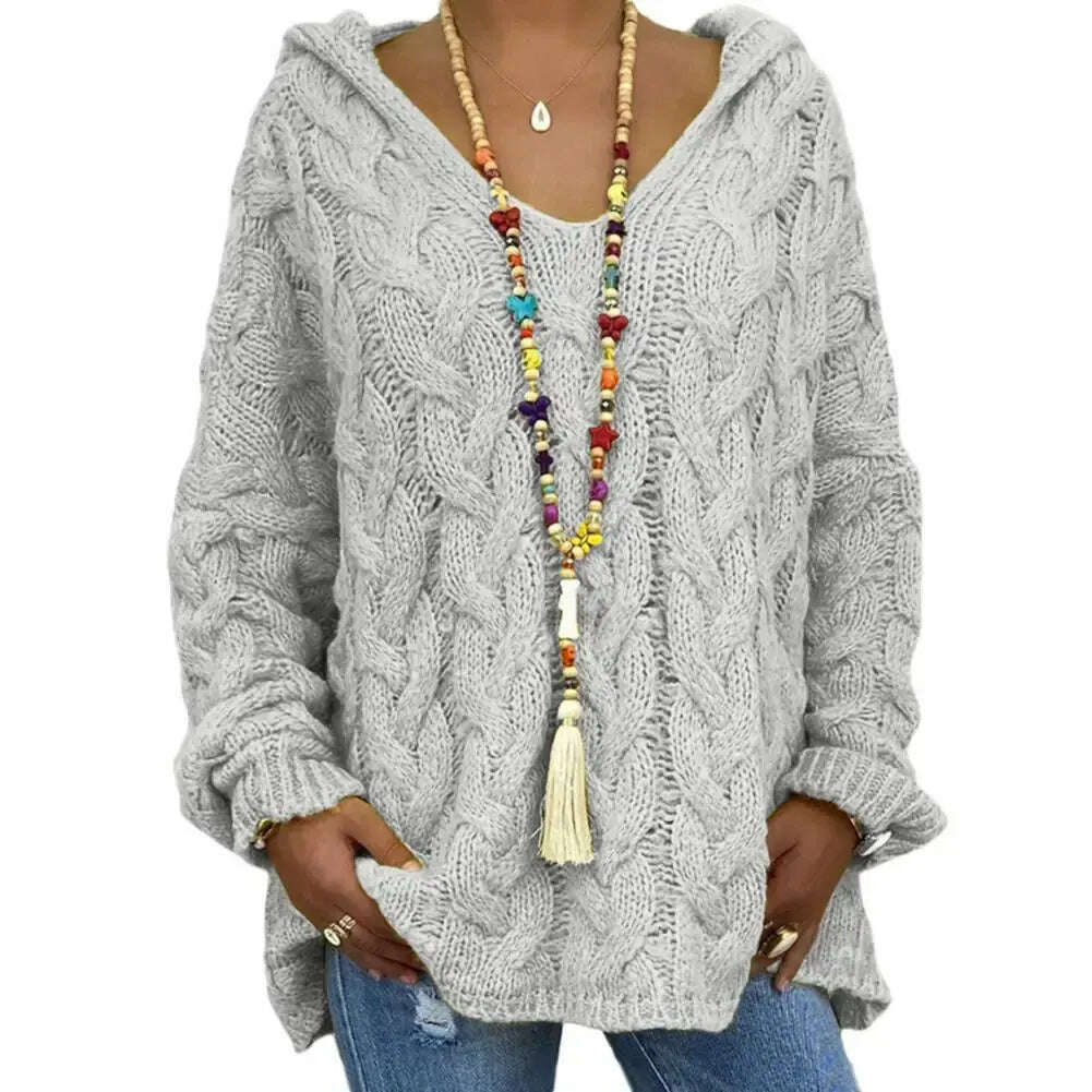 Hooded V-Neck Twist Knitted Hoodie: Autumn/Winter Loose Sweater - D&M Boutique