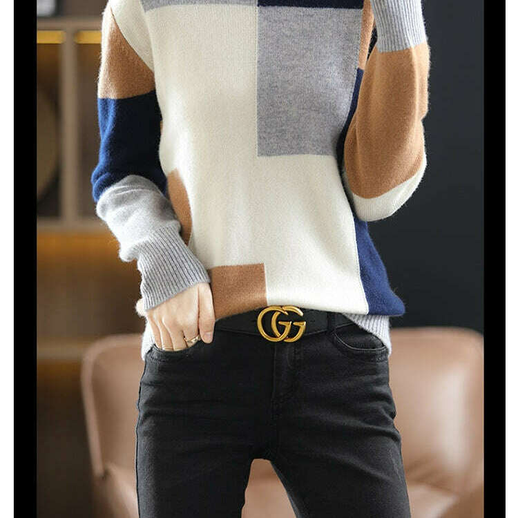 Autumn/Winter Wool Sweater – Round Neck, Color-Block, All-Match Top - D&M Boutique