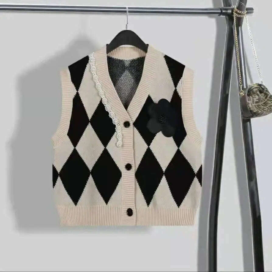2024 Beaded V-Neck Diamond Plaid Cardigan Vest for Women - D&M Boutique