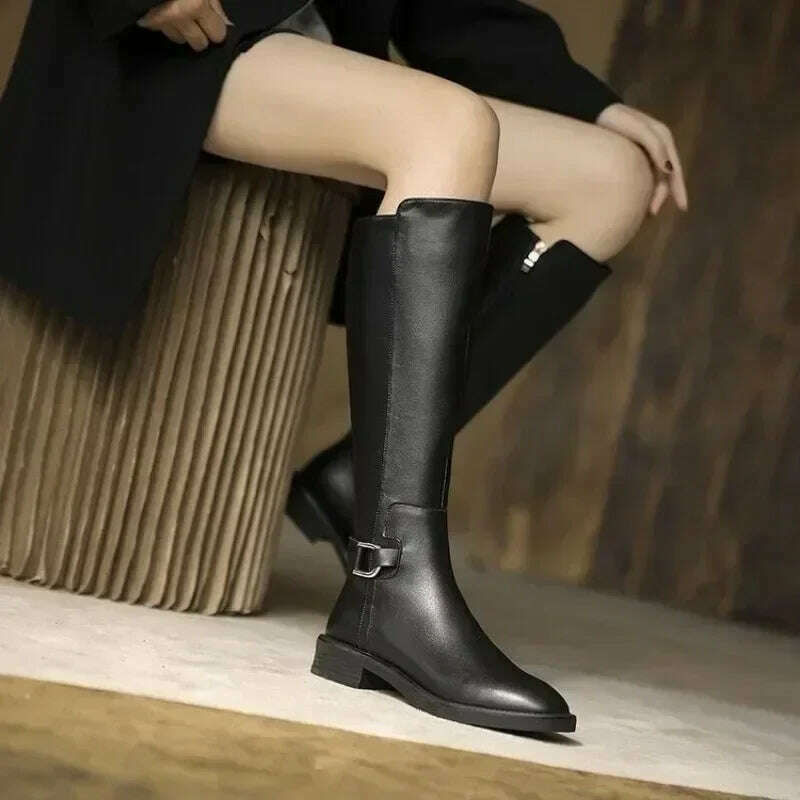 2024 maogu Women's Leather Knee High Boots – Low Heel