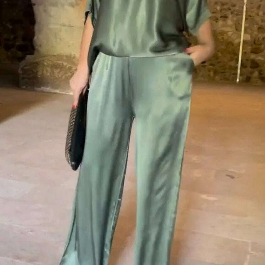 Elegant Women's Summer Satin V-neck Top & High-Waisted Pants Set