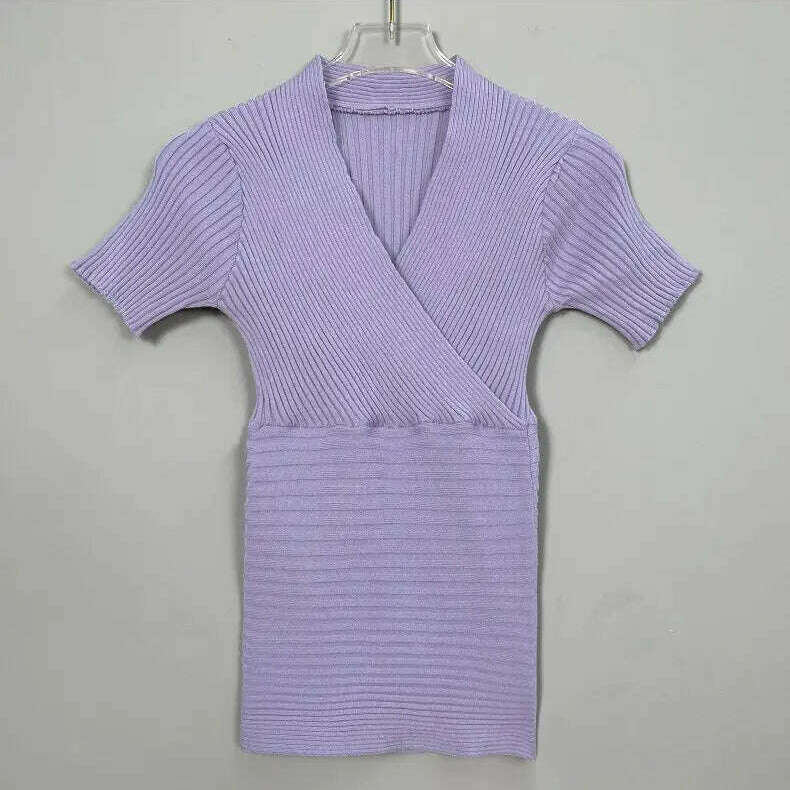 Deep V Knitted T-Shirt: Women's Summer Korean Fashion Tee - D&M Boutique