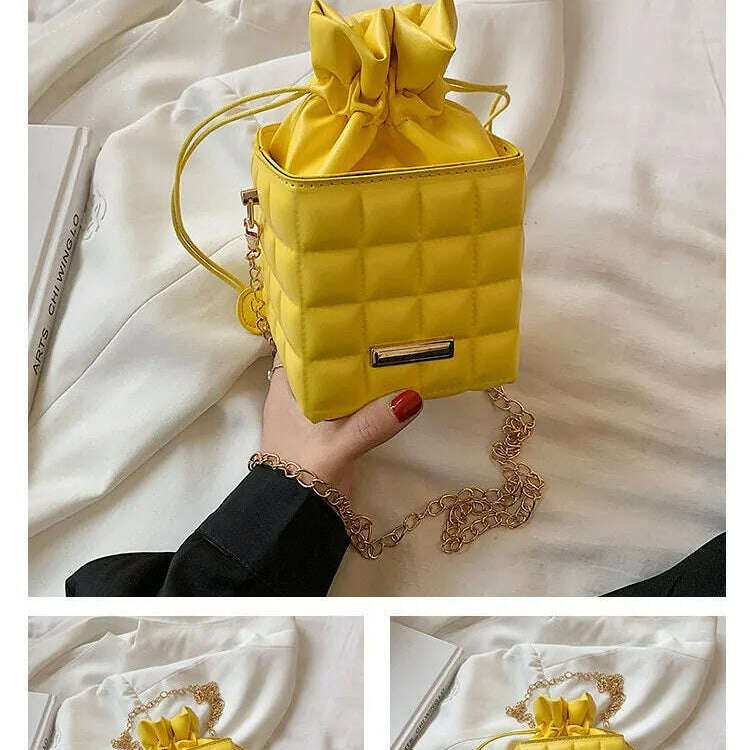 Trendy Checker Drawstring Crossbody Bag with Chain Strap