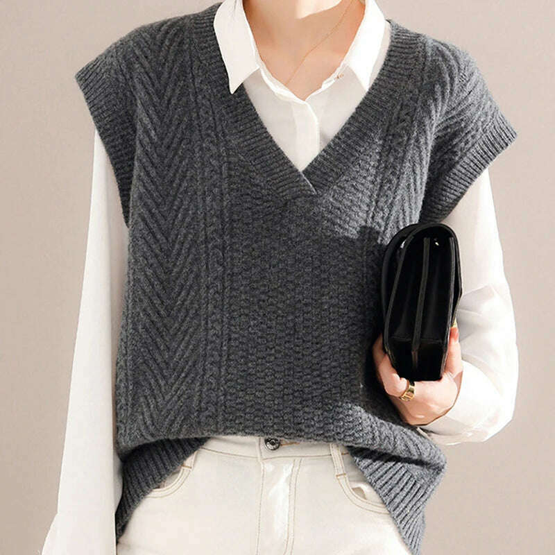 Korean Knitted Sweater Vest – V-Neck, Sleeveless, Loose Pullover - D&M Boutique