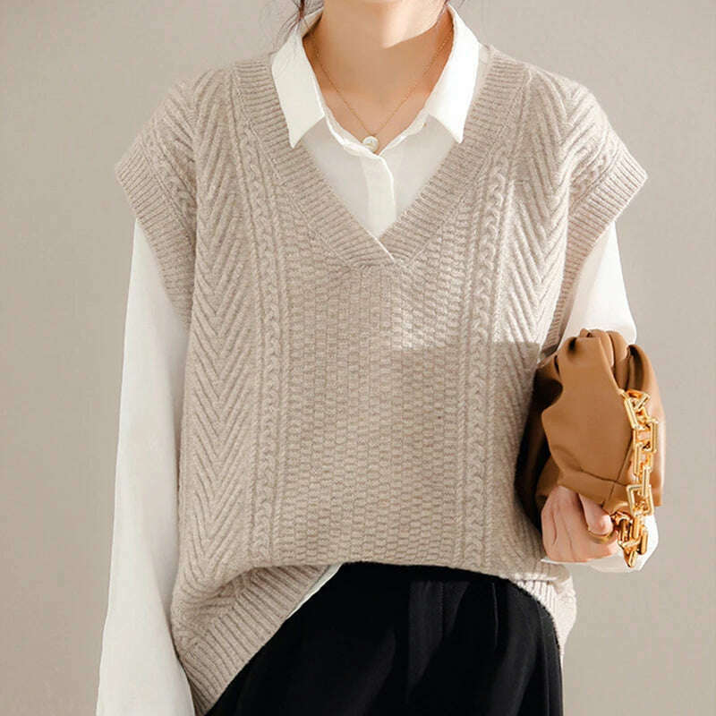Korean Knitted Sweater Vest – V-Neck, Sleeveless, Loose Pullover - D&M Boutique
