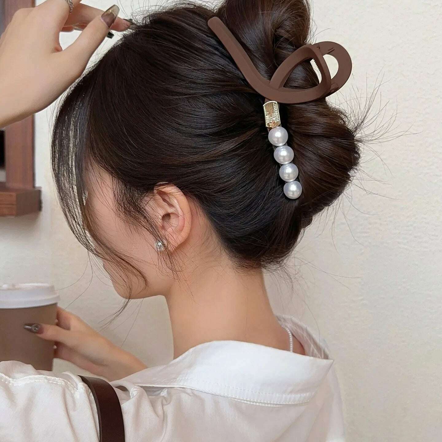 13cm Black Frosted Shark Hair Claw Clip with Pearl Detail