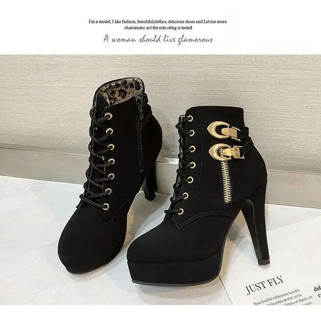 Chunky Heeled Ankle Boots - Metal Decor, Lace-Up Platform