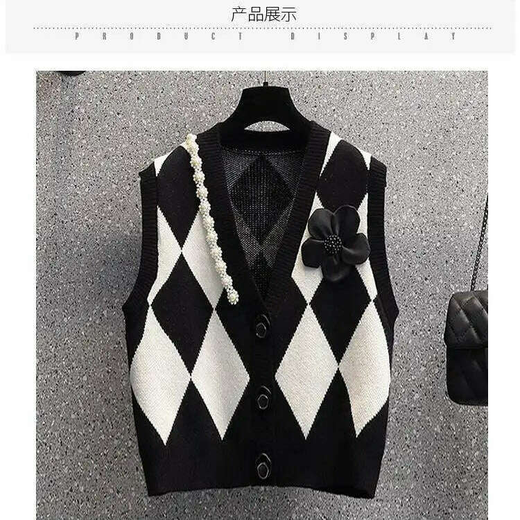 2024 Beaded V-Neck Diamond Plaid Cardigan Vest for Women - D&M Boutique