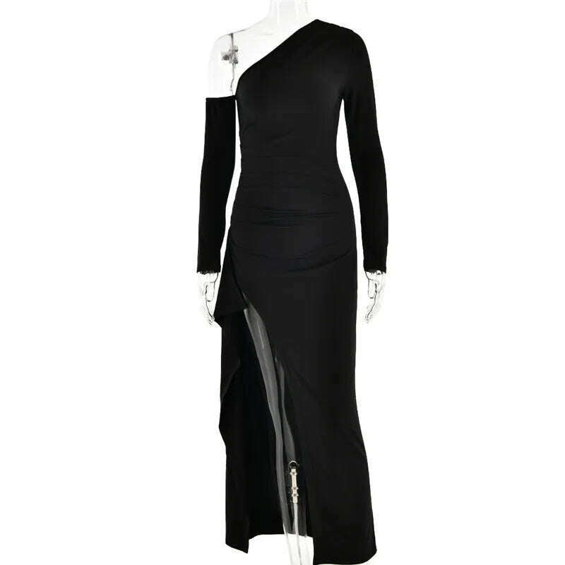 Mozision Oblique Shoulder Thigh-High Split Maxi Dress