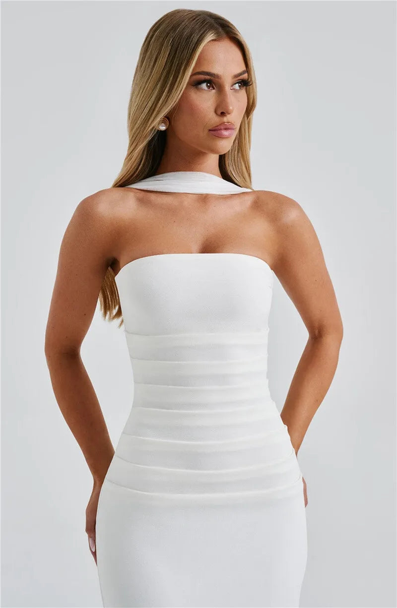 Mozision Scarf Collar Strapless Sexy Maxi Dress For Women Fashion Off-shoulder Backless Bodycon Club Party Long Dress Elegant