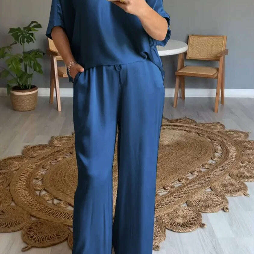 Elegant Women's Summer Satin V-neck Top & High-Waisted Pants Set
