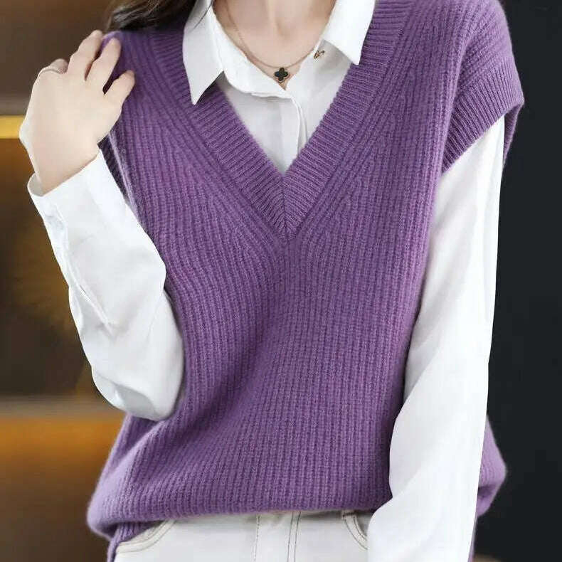 Knitted Vest Jacket – V-Neck, Sleeveless, Wool Blended Top