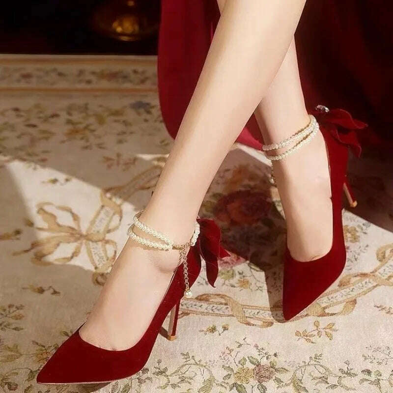 Red Xiuhe wedding shoes new pointy stiletto high heels female shallow mouth bow pearl one word buckle strap two wear bride shoes