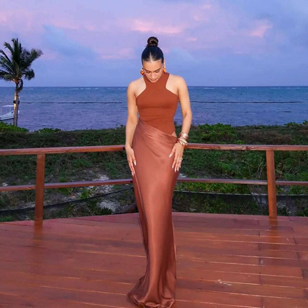 JULISSA MO Satin Hollow Out High-Waist Maxi Dress