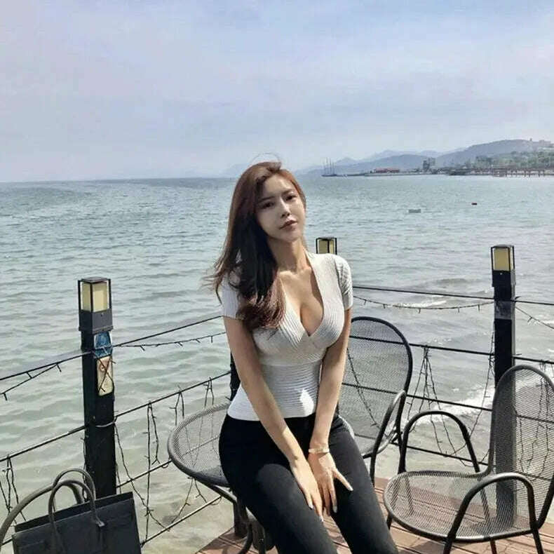 Deep V Knitted T-Shirt: Women's Summer Korean Fashion Tee - D&M Boutique