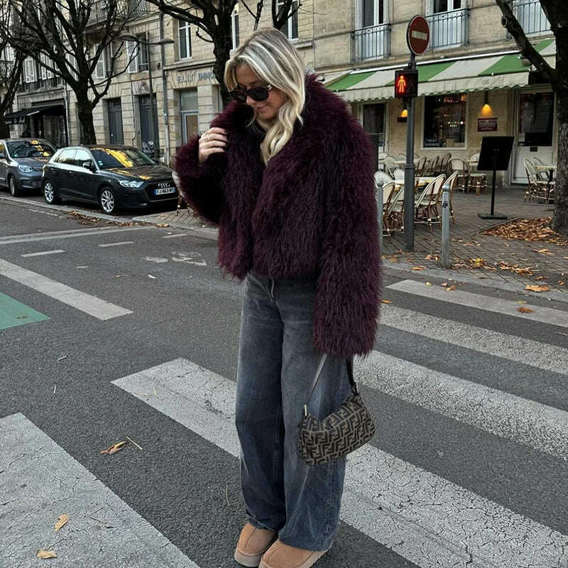Neo Mint Burgundy Faux Fur Coat – Trendy Winter Style for Women