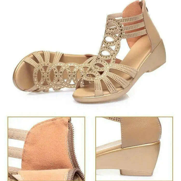 Soft Leather Roman Sandals - Chunky Heel Wedge Shoes