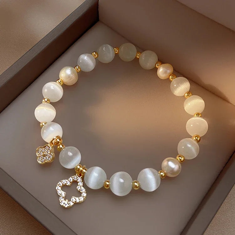 Kirykle Natural Crystal Bracelet for Women White Opal Stone Pearl Fashion Lucky Four-leaf Clover Women's Jewelry Bangles Gift