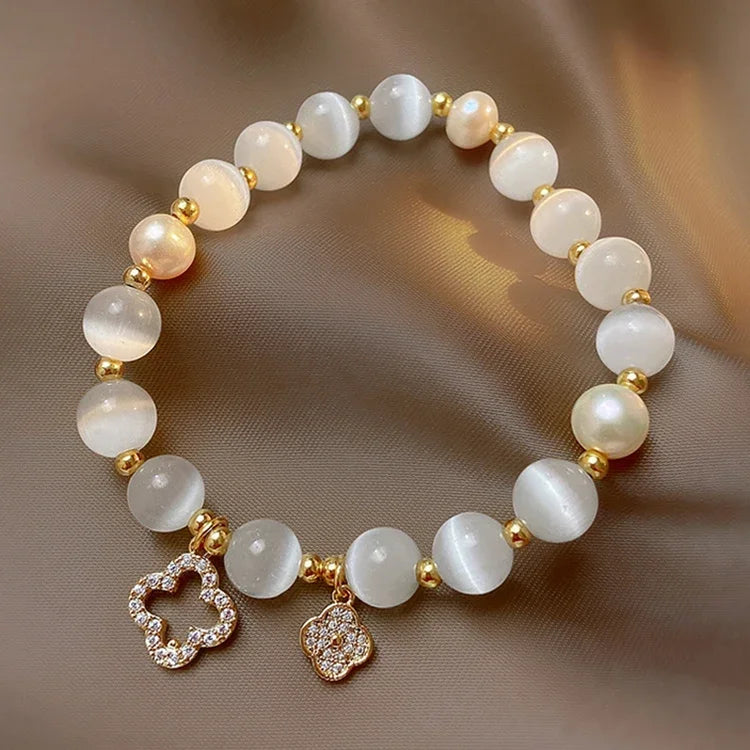 Kirykle Natural Crystal Bracelet for Women White Opal Stone Pearl Fashion Lucky Four-leaf Clover Women's Jewelry Bangles Gift
