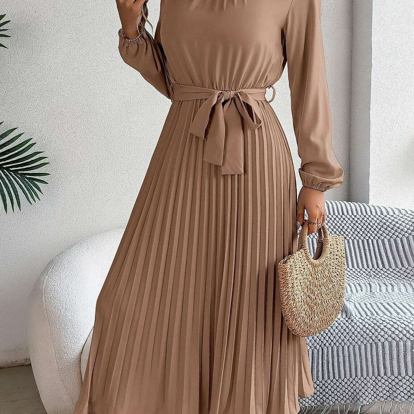 Autumn & Winter Pleated Stand-Up Collar Midi Dress