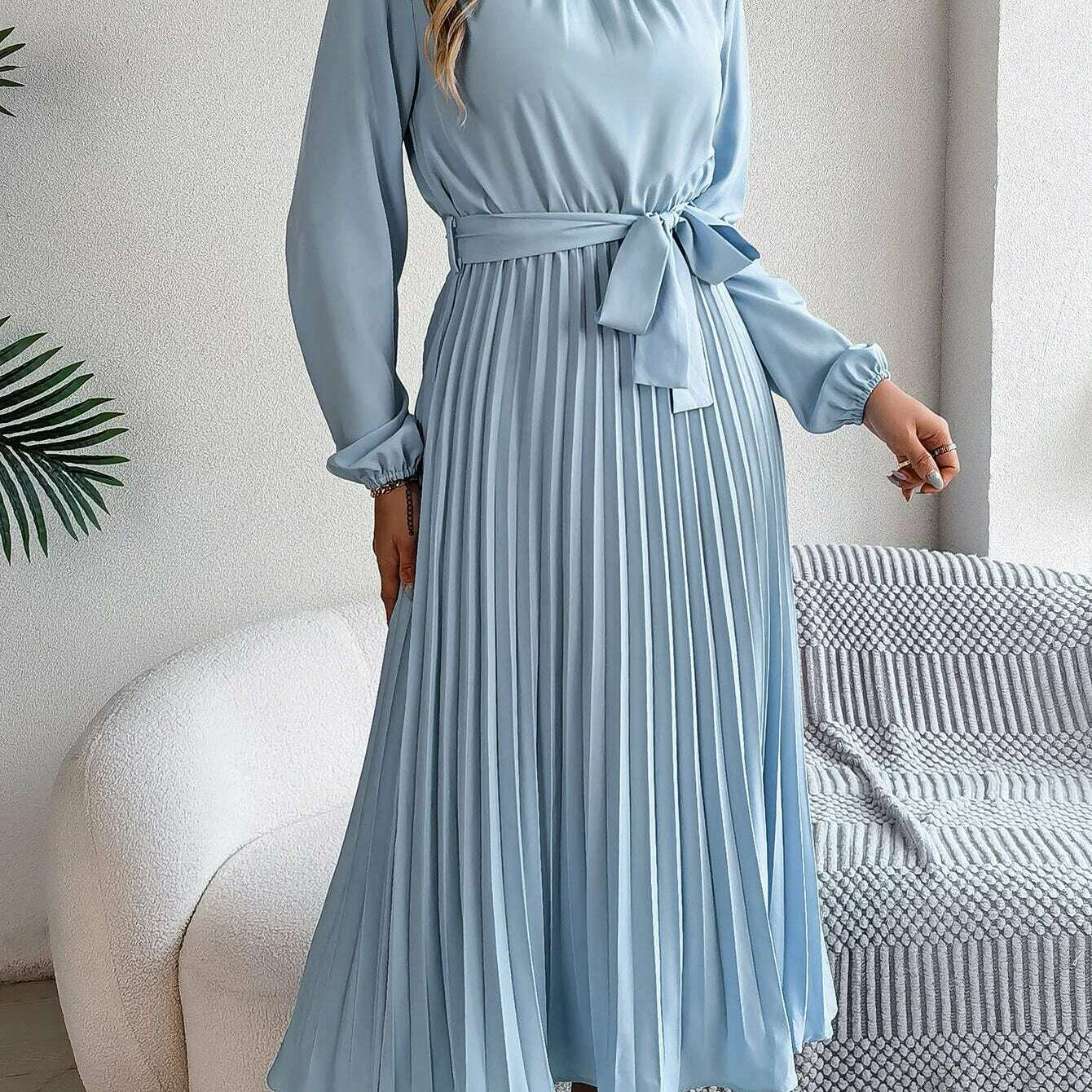 Autumn & Winter Pleated Stand-Up Collar Midi Dress