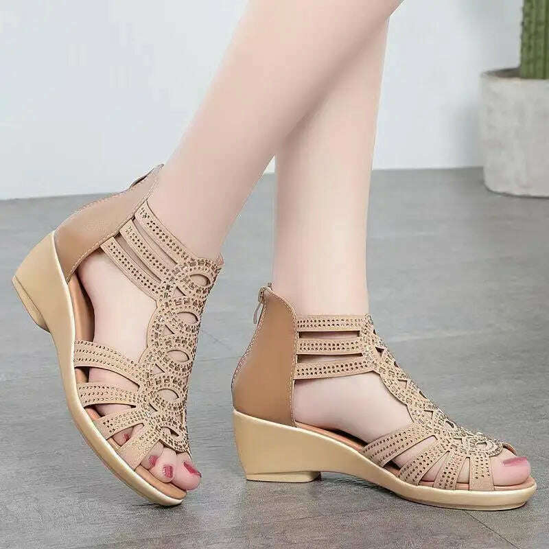 Soft Leather Roman Sandals - Chunky Heel Wedge Shoes
