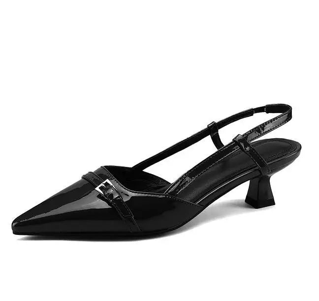 Patent Leather Pointed Toe Slingback Mid-Heel Sandal