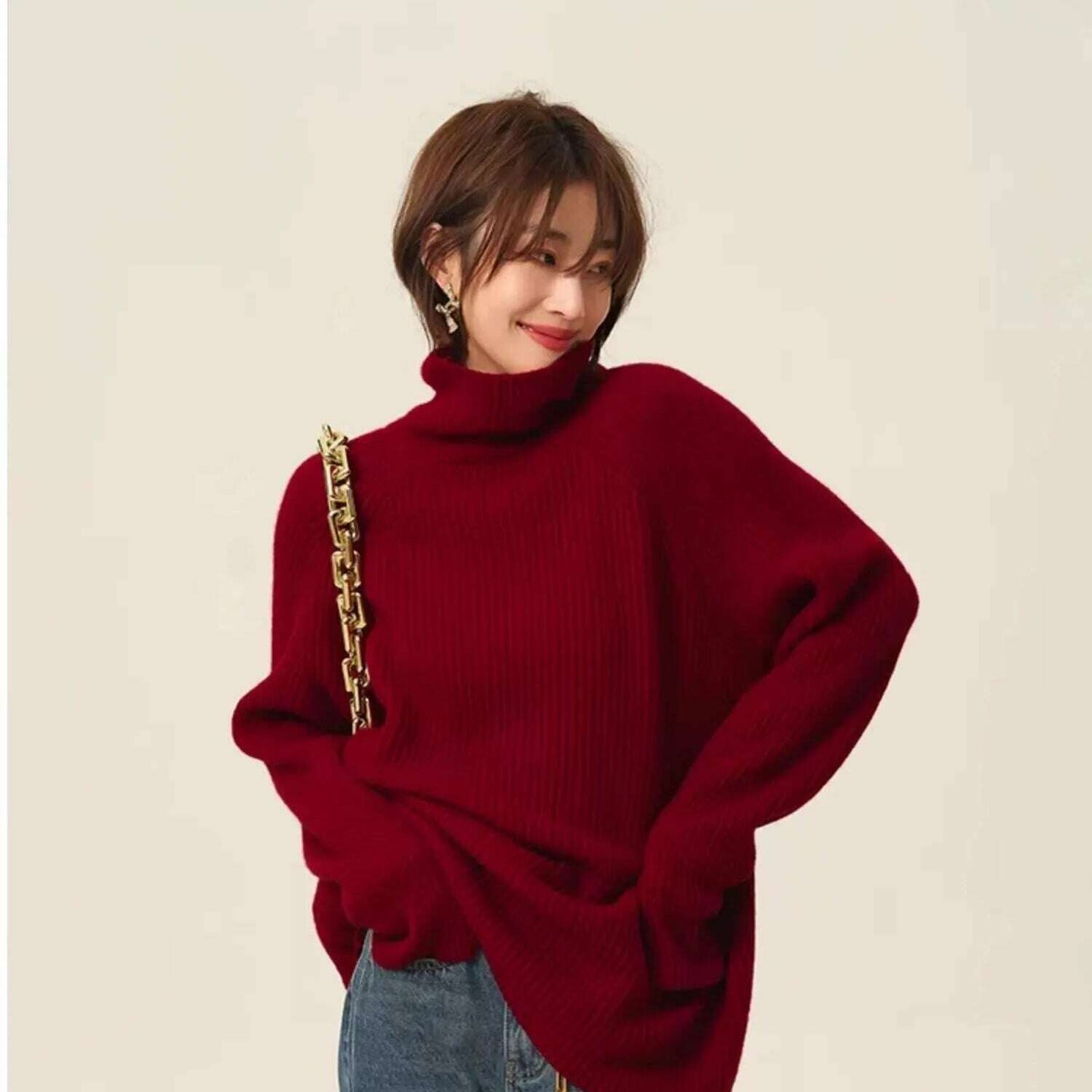 100% Cashmere Turtleneck Sweater – Loose Long Sleeve - D&M Boutique