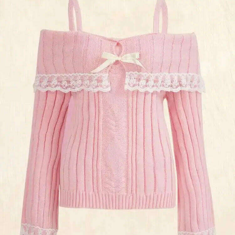 Grunge Off-Shoulder Knit Sweater: Pink, Bow Lace Y2K Jumper - D&M Boutique
