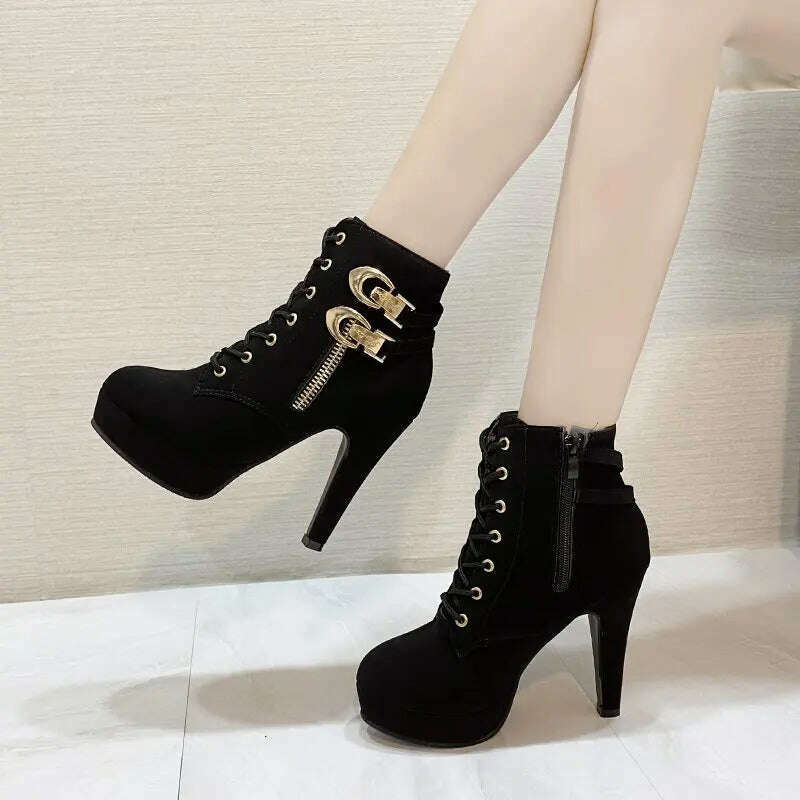 Chunky Heeled Ankle Boots - Metal Decor, Lace-Up Platform