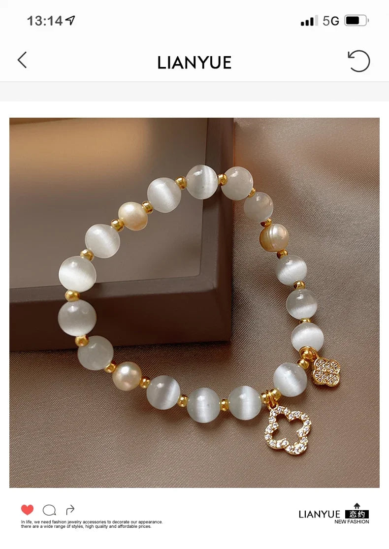 Kirykle Natural Crystal Bracelet for Women White Opal Stone Pearl Fashion Lucky Four-leaf Clover Women's Jewelry Bangles Gift