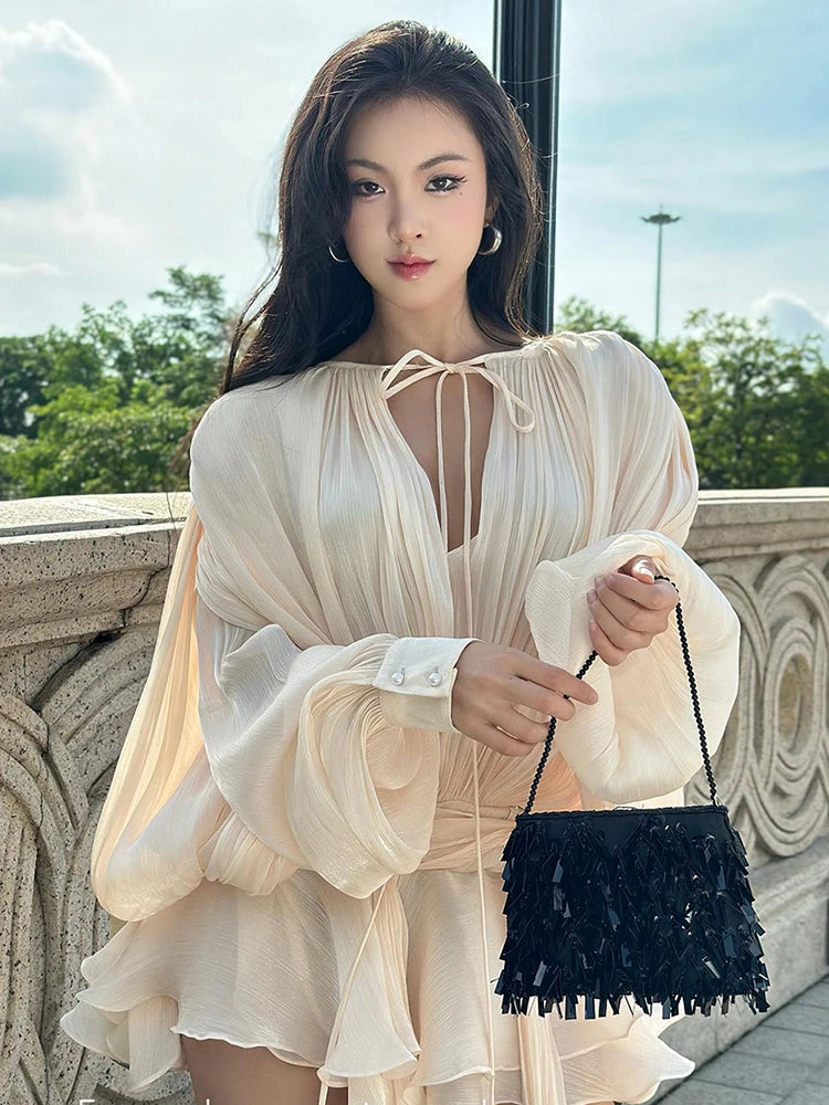 VGH Minimalist Solid Loose Short Dresses For Women Round Neck Long Sleeve High Waist Spliced Lace Up Chic Dress Female Fashion