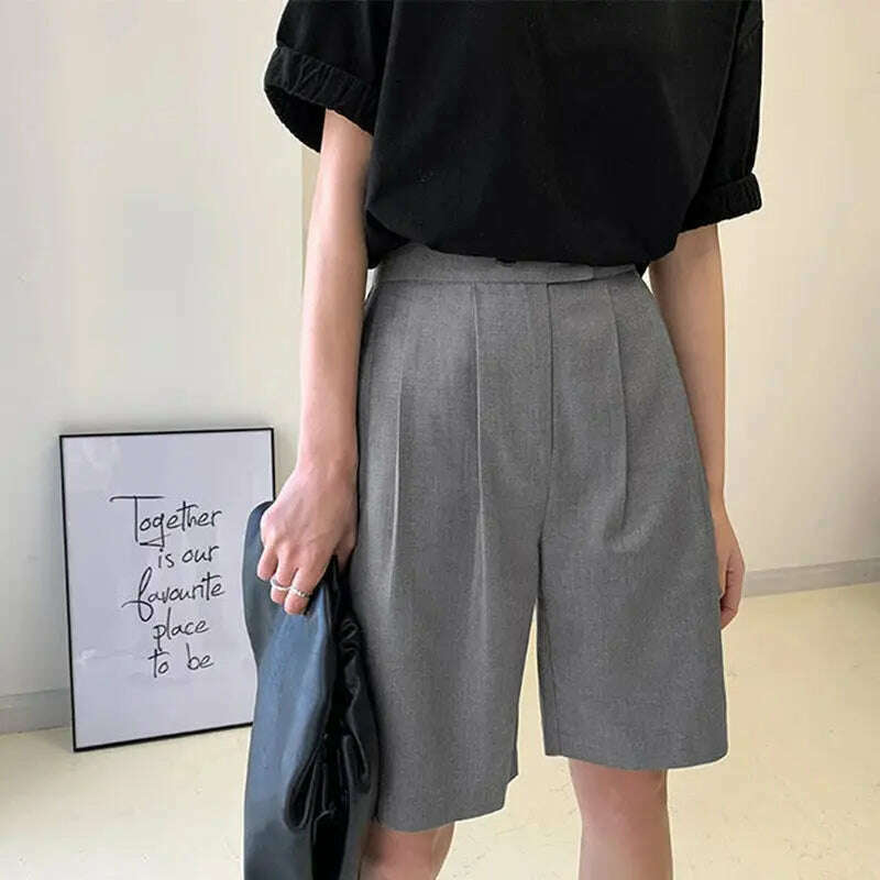 Korean Office Suits Shorts – High Waist, Double-Button, Knee-Length