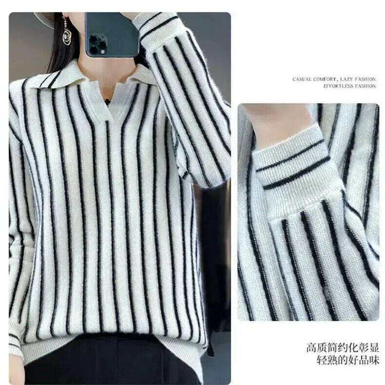 Merino Wool Sweater: Striped, Polo Neck, Autumn/Winter - D&M Boutique
