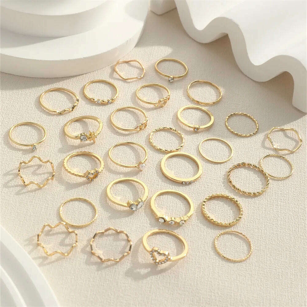 Fashion Simple Wave Joint Rings Set For Women Crystal Heart Shape Gold Silver Color Ring Female Party Jewelry